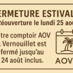 Fermeture estivale – Comptoir Or AOV à Vernouillet 4 Fermeture estivale du Comptoir Or AOV à Vernouillet, du 12 au 24 août inclus, réouverture le 25 août, avec réservation en ligne possible, près de Poissy, Les Mureaux, Saint-Germain-en-Laye, Maisons-Laffitte et Conflans-Sainte-Honorine