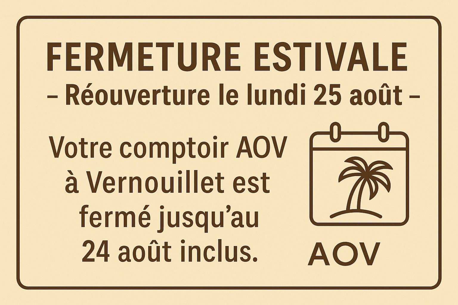 Fermeture estivale du Comptoir Or AOV à Vernouillet, du 12 au 24 août inclus, réouverture le 25 août, avec réservation en ligne possible, près de Poissy, Les Mureaux, Saint-Germain-en-Laye, Maisons-Laffitte et Conflans-Sainte-Honorine